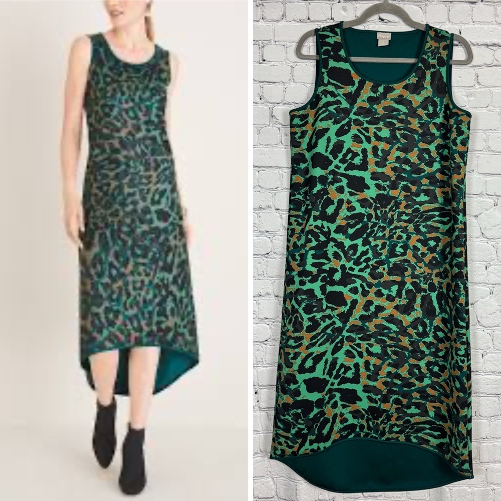 Chicos Light Scuba Knit High Low Midi Dress Sleeveless Green Animal Print 8/10 M